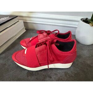 NWOB  Balenciaga Red Leather and Suede Race Runner Lace Up Sneakers 37